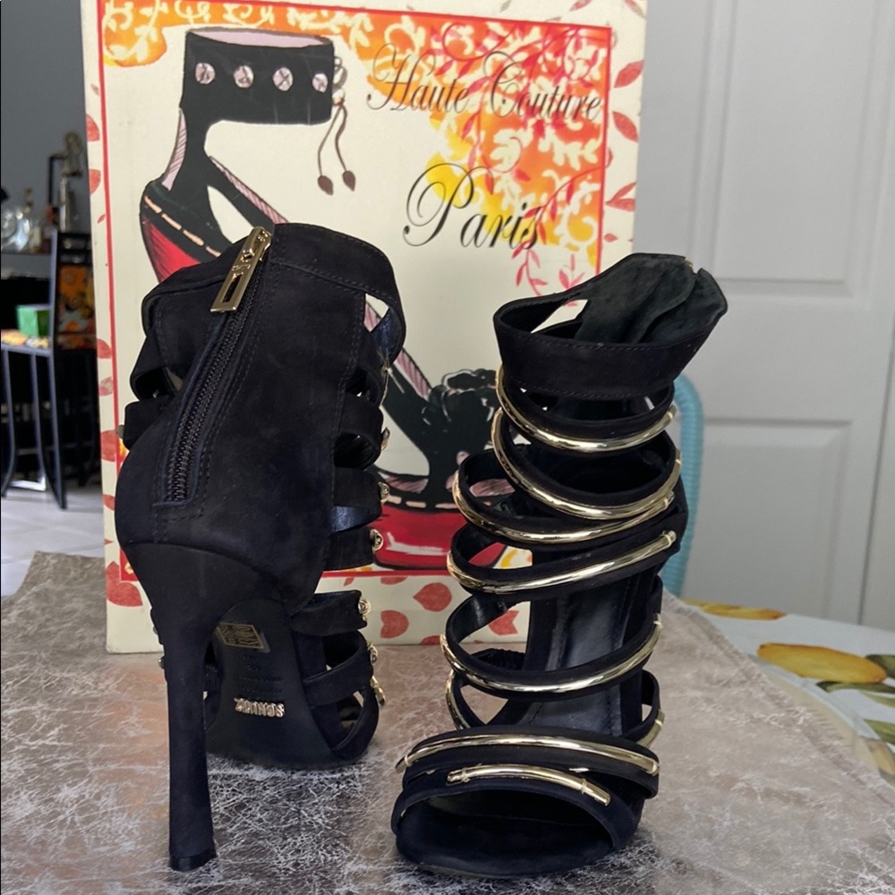 SCHUTZ Black and Silver Sandals with Stiletto Heel